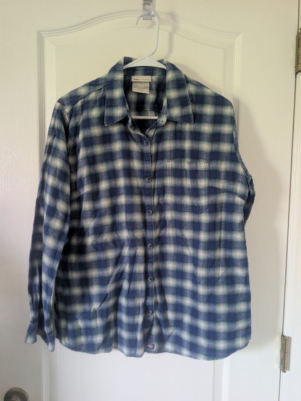 Dickies Plaid Flannel, Blue Green White Women's Large 100% Cotton